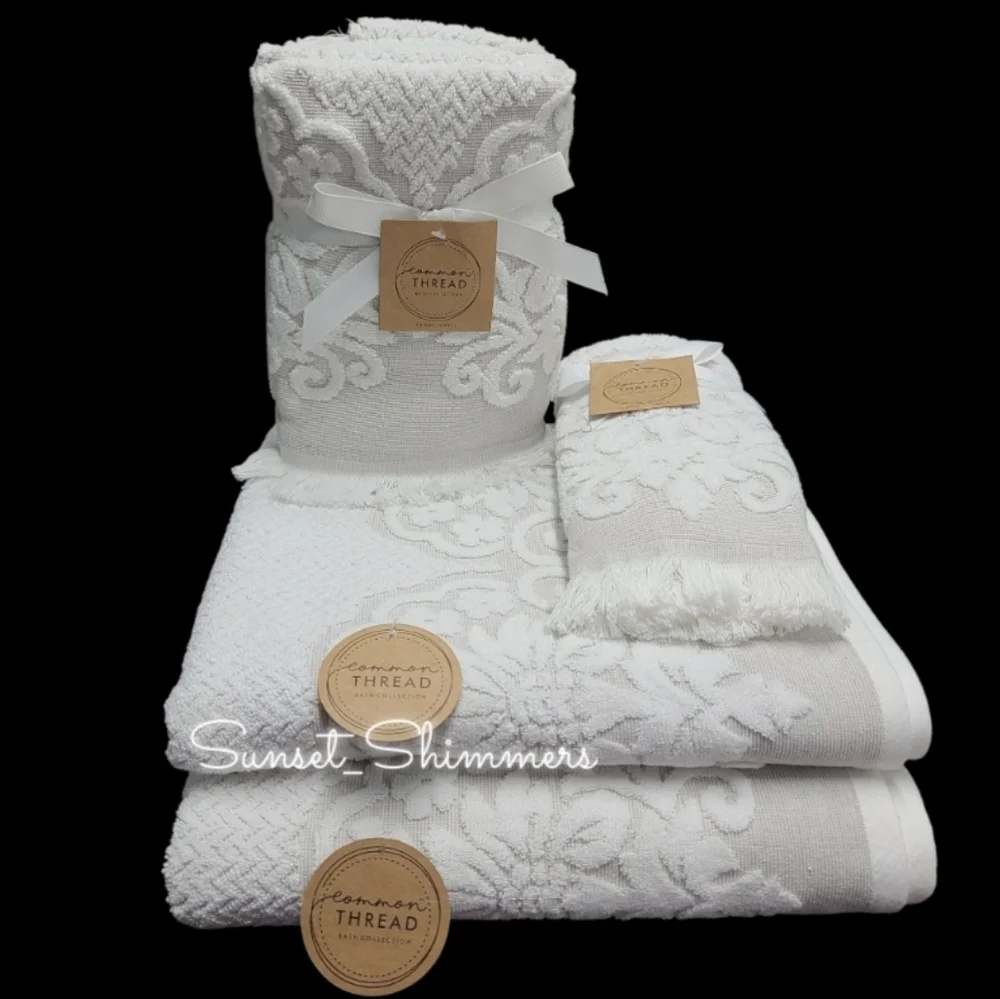 6 Piece COMMON THREAD Bath Hand Tip Towel Set Cream Scroll Jaquered Damask New